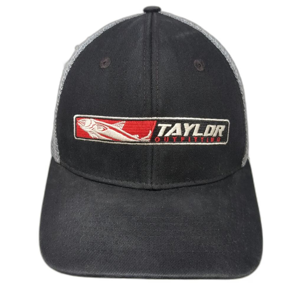 Vie Taylor Outfitting Trucker Hat Black One Size Mesh Snapback Fish Logo Cap